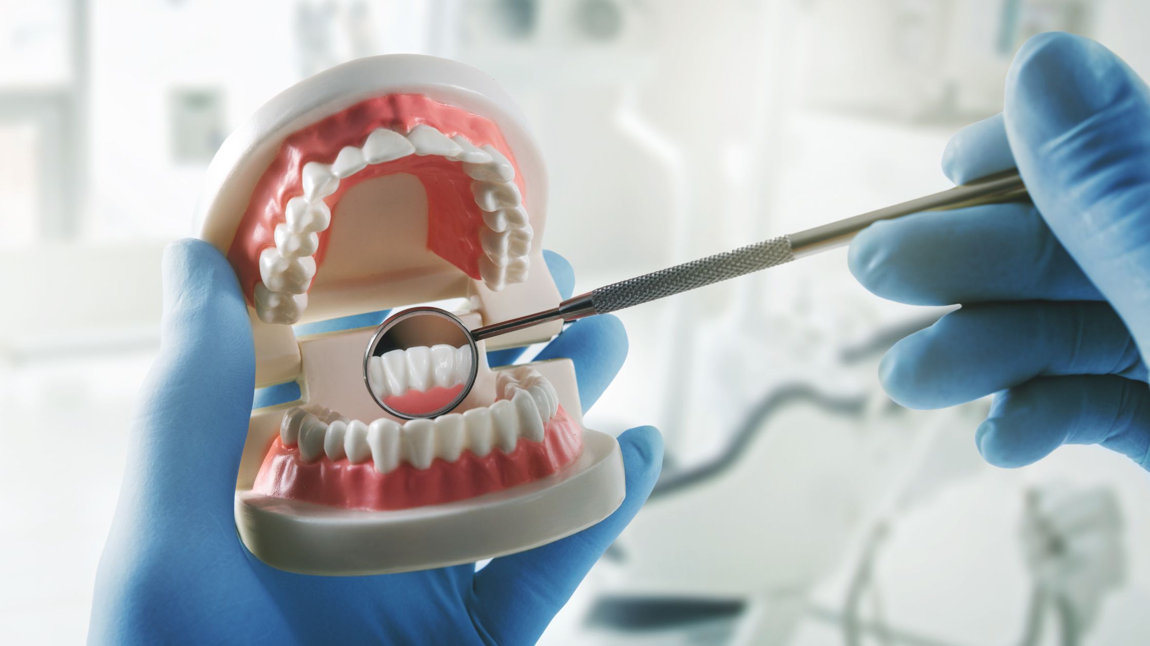 Dentist examining a dental model with a mouth mirror to demonstrate oral hygiene and clear aligner care.